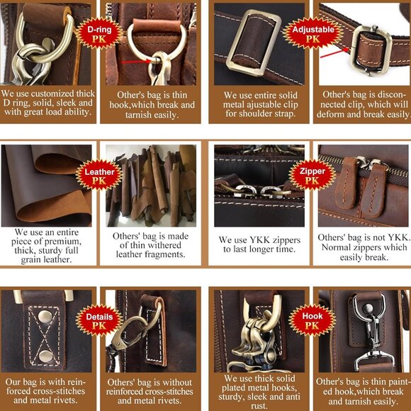 🆕Men Brown Fits 17.3 Inch Laptop Crossbody Shoulder Attached Leather Briefcase - Picture 8 of 12